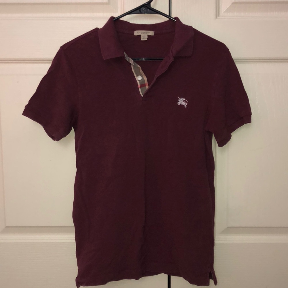 Burberry Check placket maroon polo shirt